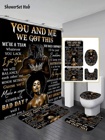 1/3/4pcs Black Gold Inspirational Couple Shower Curtain Bathroom Sets,'You And Me We Got This' Quote & Portrait Print Waterproof And Wear-Resistant Accessories,With 12 Hooks - Includes Toilet Seat Cover, Bath Mats, And Rugs - Plastic Fabric - Washable,Mildew-Resistant - Perfect For Holiday Decor,Home/Bedroom/House/Western/Spring Decor,