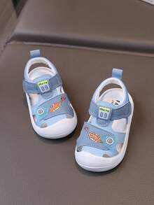 1 Pair PU Toddler Girls Dinosaur Pattern Hook And Loop Design Closed-Toe Sandals, Baby Shoes - Blue - View 3