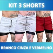 Set Of 3 Men's 2-In-1 DryFit Shorts For Running, Gym, Training, And Running With Cell Phone Pocket - Kit Of 3: White, Gray, Red - View 1