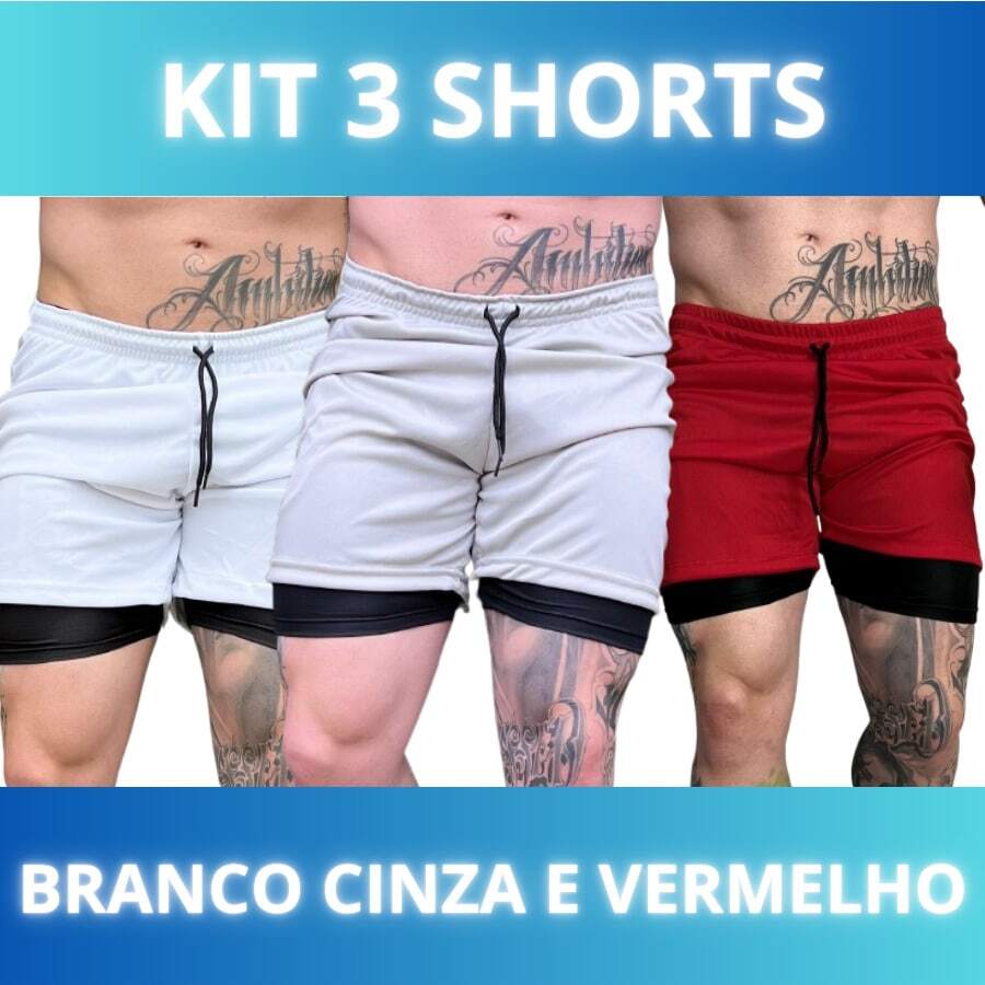 Set Of 3 Men's 2-In-1 DryFit Shorts For Running, Gym, Training, And Running With Cell Phone Pocket - Kit Of 3: White, Gray, Red - View 1
