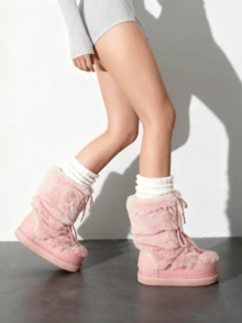 Women's Platform Fur Snow Boots Y2K Fuzzy Fluffy Furry Winter Comfy Ankle Boots For Women Round Toe Platform Lace-Up Fur Boots For Winter Daily Life And Halloween Party - 粉色 - 查看 6