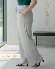 Calça Wide Leg Plus Size Feminina Cintura Alta Elástico Grosso Zero Transparência Duna - Cinza Claro - Visão 2