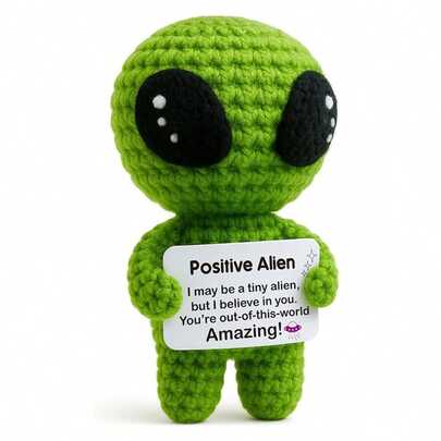 1pc Cute Positive Alien Crochet Plush Toy - Handmade Green Alien Stuffed Animal With Uplifting Encouragement Message Card, Small Encouragement Gift For Women Men Teens Friends, Space Theme Decor