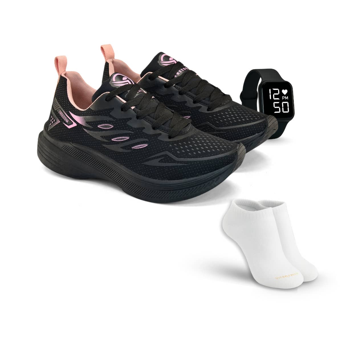 Women's Athletic Shoe Kit + Square Digital Watch + Short Socks – Comfort And Style For Everyday Wear - HOA HỒNG ĐEN - Xem 1