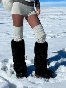 Women's Platform Fur Snow Boots Y2K Fuzzy Fluffy Furry Winter Comfy Ankle Boots For Women Round Toe Platform Lace-Up Fur Boots For Winter Daily Life And Halloween Party - 黑色b - 查看 9