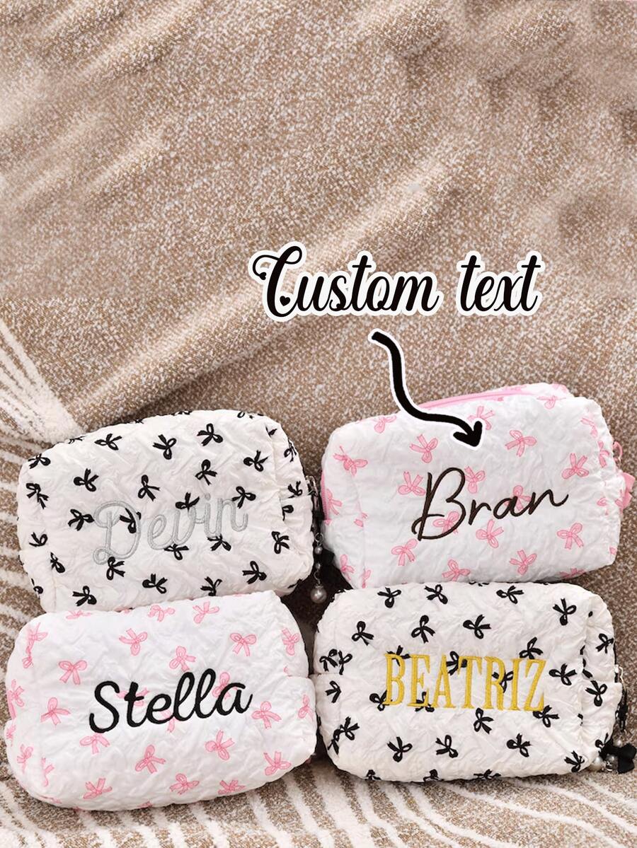 Personalized Letter Bow Makeup Bag, Suitable As Bride's Return Gift Or Bridesmaid Gift, Ladies' Toiletry Cosmetic Organizer Bag, Suitable For Birthday, Valentine's Day, Christmas, Thanksgiving, Wedding, Mother's Day, Bridesmaid Gift, Birthday Gift, Makeup Artist Storage Bag, All Season