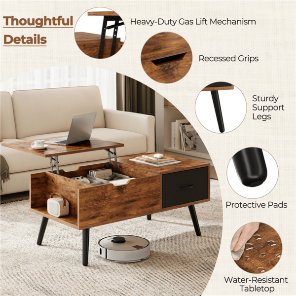Butterslay 1pc Industrial Lift Top Coffee Table With Storage, Height Adjustable Side Table With Shelves & Drawer & Hidden Compartment, End Table For Living Room, Black/Rustic Brown