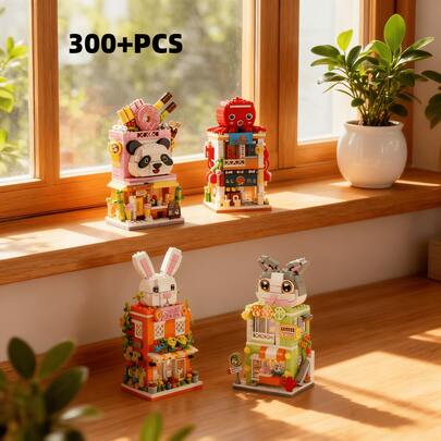 300+ Pcs Adult Octopus Takoyaki Cat Rabbit Panda Street Scene Building Blocks, DIY Street Scene Blocks, Animal Street Scene Blocks, Birthday Gift, Assembly Hobby Desktop Decor, Living Room Decor, Office Desktop Decor. Christmas Gift, Holiday Gift