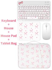1 Set Cute Bluetooth Keyboard + Bow Tablet Protective Case + Mouse + Mouse Pad, Portable Wireless Keyboard (150mAh) Mouse Set, Compatible With Samsung Tablets, Apple IPad, Android 13+ Smartphones, Smartphones, Windows System (White) - White - View 12