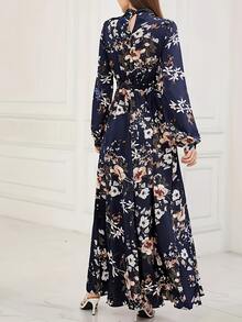Floral Print Faux Collar Dress, Elegant Long Sleeve Belted Dress, Ramadan Women Clothing Vacation - Blue - View 2