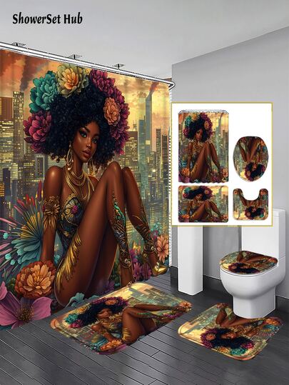 1/3/4pcs Floral Hair Shower Curtain Bathroom Sets, City Skyline & Gold Accent Waterproof And Wear-Resistant Accessories, With 12 Hooks - Includes Toilet Seat Cover, Bath Mats, And Rugs - Plastic Fabric - Washable, Mildew-Resistant - Perfect For Holiday Decor, Home/Bedroom/House/Western/Spring Decor