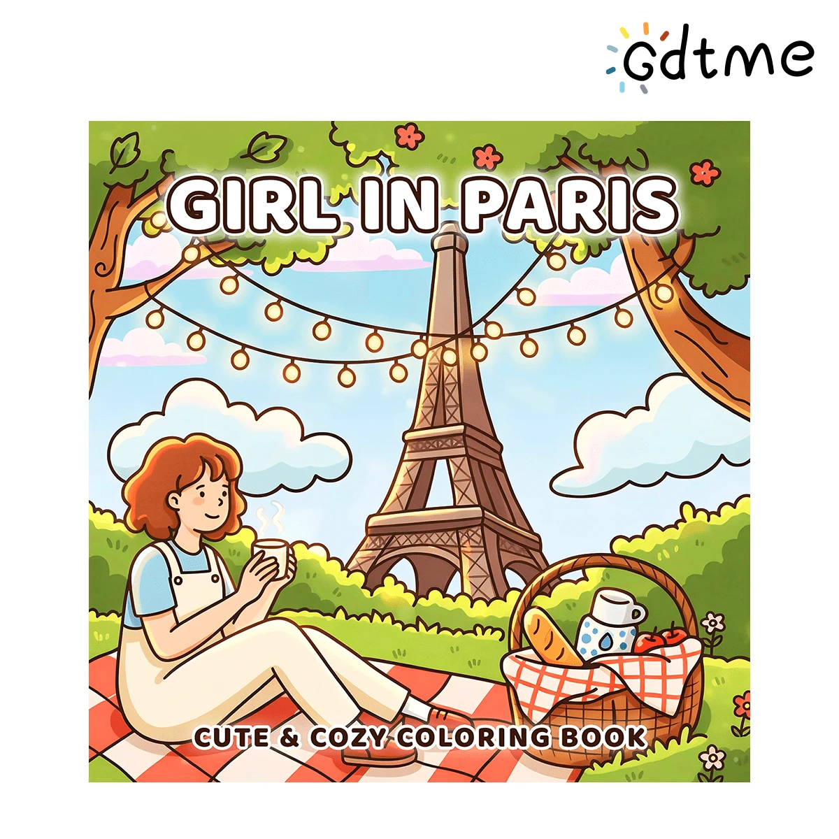GDTME Chica de París: Picnic francés y Torre Eiffel, libro para colorear cómodo y fácil de colorear, regalo perfecto para Pascua, Ramadán, San Valentín, fiesta de Navidad, Halloween y cumpleaños. Ideal como regalo de Pascua, regalo de Eid, regalo de cumpleaños, relleno de bolsa de fiesta para amigos que aman colorear y creaciones románticas.