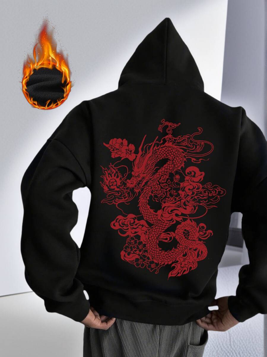 K-GLORY 男士连帽衫，新款秋冬街头风中国龙图案印花抓绒连帽卫衣 - 黑色 - 查看 1