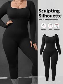 Plus Size Women Seamless Slimming Bodysuit With Compression, Long Sleeve And Pants