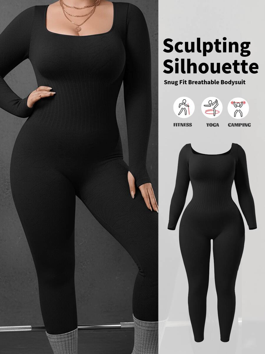 Plus Size Women Seamless Slimming Bodysuit With Compression, Long Sleeve And Pants