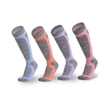 女士均码冬季滑雪袜，保暖加厚，带螺纹袜口，氨纶材质毛巾袜，透气速干，防滑耐磨，吸汗速干，适合女性青少年户外运动，如滑雪、登山、徒步、足球等，长筒运动袜，圣诞礼物之选。