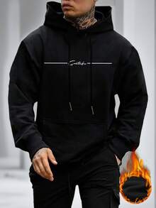 Sudadera con capucha de manga larga con estampado minimalista de lema "Grateful" en fuente floral casual para hombre, forrada térmicamente, para otoño/invierno - Negro - Ver 2