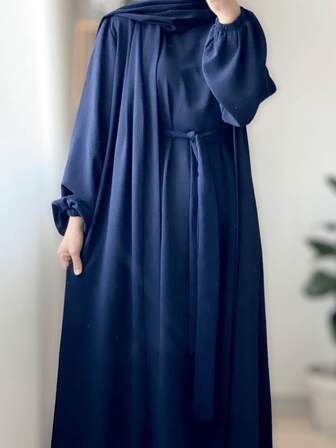 Women's Solid Color Pleated Casual Long Sleeve Kimono Style Abaya Robe Set