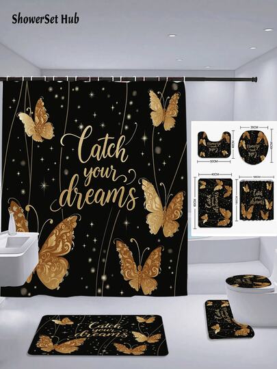 1/3/4件套黑色金色蝴蝶图案浴帘浴室套装，奢华励志防水耐磨配件，带12个挂钩 - 包括马桶盖、浴垫和地毯 - 塑料面料 - 可水洗，防霉 - 非常适合节日装饰、家居/卧室/住宅/西式/春季装饰。