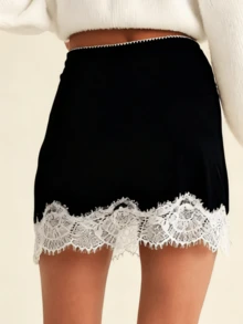 Women Lace Satin Half Slips Skirts Low Rise Lace Trim Underskirts Flowy A Line Silky Short Skirt Fairy Mini Skirt - 黑色 - 查看 5
