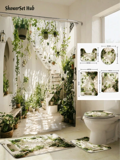 1/3/4pcs Boho Indoor Garden Shower Curtain Bathroom Sets, Green Plants & Staircase Print Waterproof And Wear-Resistant Accessories,With 12 Hooks - Includes Toilet Seat Cover, Bath Mats, And Rugs - Plastic Fabric - Washable,Mildew-Resistant - Perfect For Holiday Decor,Home/Bedroom/House/Western/Spring Decor,