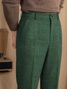 Mens Slim Fit Herringbone Tweed Wool Plaid Trousers Retro Dress Business Suit Pants - màu xanh lá - Xem 1