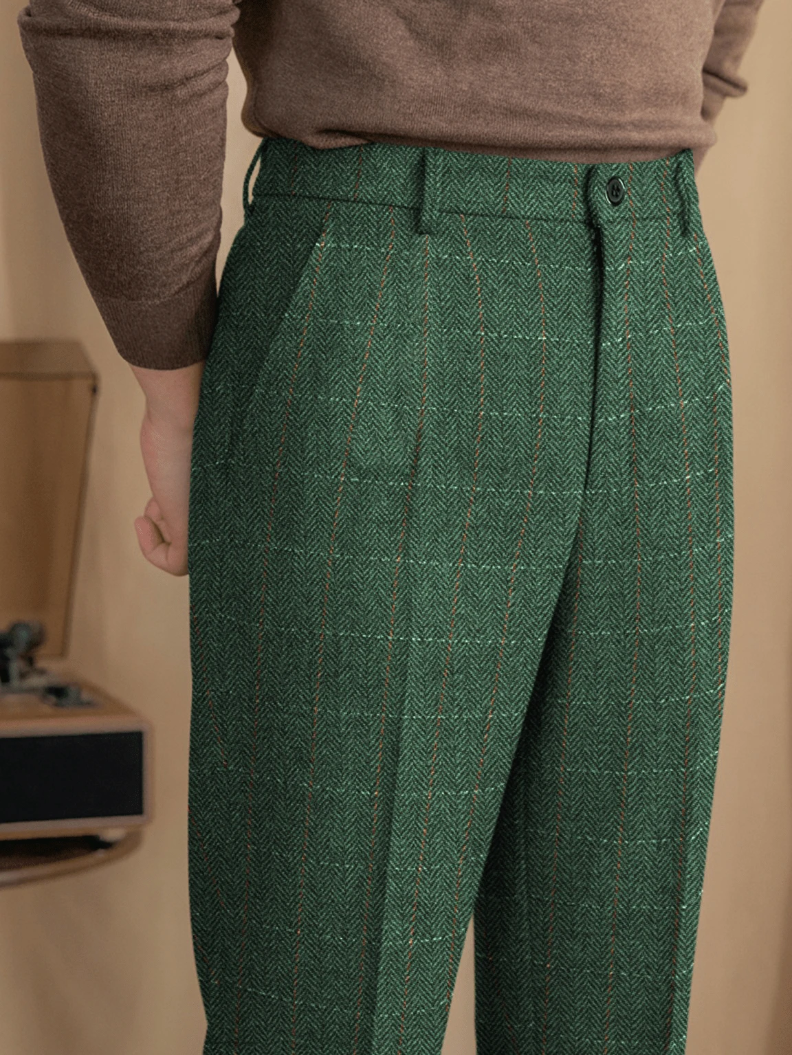 Mens Slim Fit Herringbone Tweed Wool Plaid Trousers Retro Dress Business Suit Pants - màu xanh lá - Xem 1