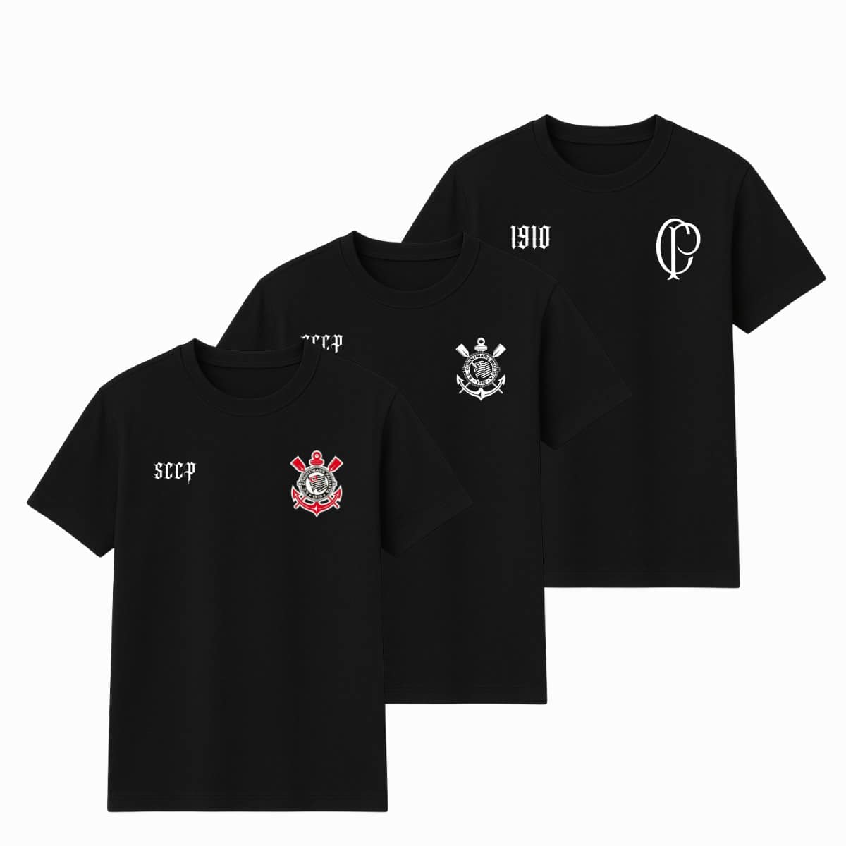 Kit 3 Camiseta Corinthians Timão Bando de Louco Torcedida Fiel Gaviões Algodão Adulto Unissex - Preto - Visão 1