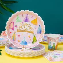 公主皇冠图案一次性餐盘、餐巾纸、纸杯 - 25人派对用品，一次性纸盘、餐巾纸和纸杯，适用于生日、婚礼、派对、家庭野餐 - 彩色 - 查看 3