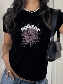 Purple Spiderweb With The Word Sp5der In White Symbolizing Connection And Resilience With Small Star Sparkles On A 100% Cotton Women's T-Shirt - 黑色 - 查看 6