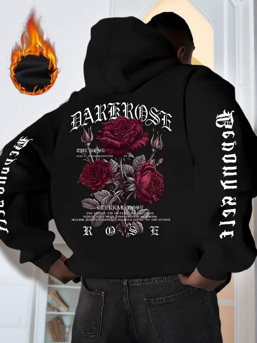 Sudadera con capucha de felpa para hombres con bolsillo, diseño estampado, para otoño/invierno, top de manga larga - Negro - Ver 1