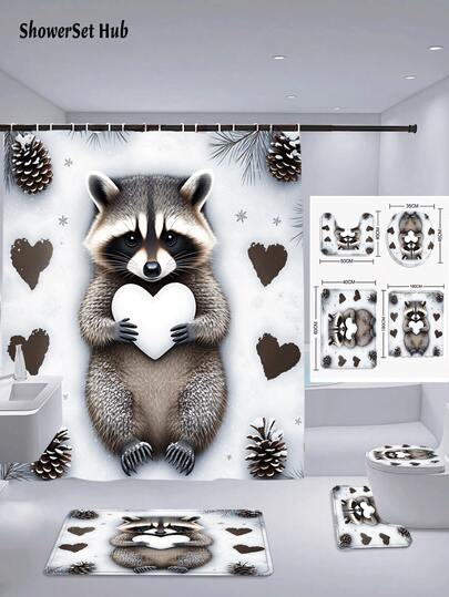 1/3/4件套可爱浣熊抱心浴帘浴室套装，松果雪花印花防水耐磨配件，带12个挂钩 - 包括马桶盖、浴垫和地毯 - 塑料面料 - 可水洗，防霉 - 非常适合节日装饰、家居/卧室/房屋/西式/春季装饰