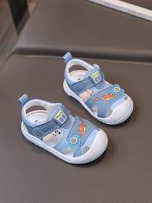 1 Pair PU Toddler Girls Dinosaur Pattern Hook And Loop Design Closed-Toe Sandals, Baby Shoes - Blue - View 5