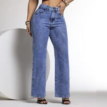 Women's Wide Leg Jeans With Marbled Texture And High Waist, 100% Premium Cotton - Cadet Blue - View 5
