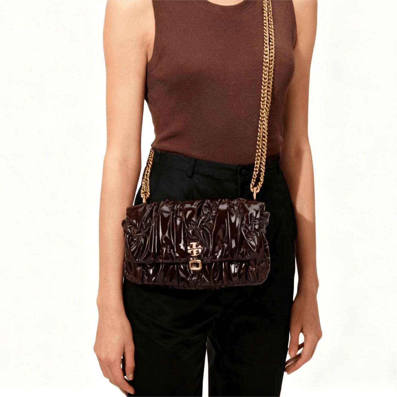 Tory Burch Commuter Casual Pleated Textured Chain Strap Quilted Handbag 142602 - Black - View 1