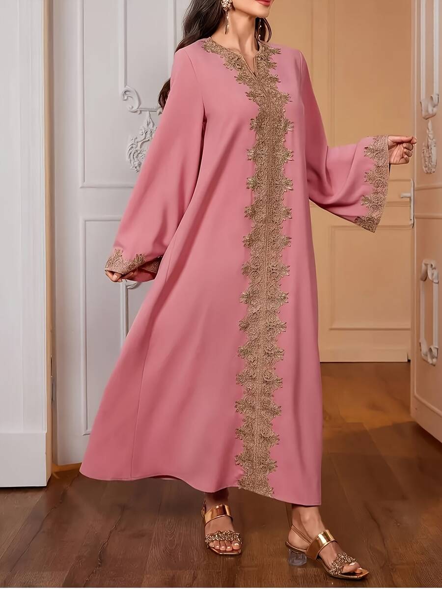 斋月撞色滚边缺口领长袍连衣裙，优雅喇叭袖长款连衣裙，女装 - 粉色 - 查看 1