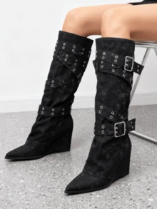 Punk Fashion Womens Knee High Boots Pointed Toe Wide Calf Fold Over Straps Detail Block High Heel Slouchy Long Boots Party Nightclub Dressy Occasions Fall Winter Outdoors Shoes - 黑色牛仔 - 查看 4