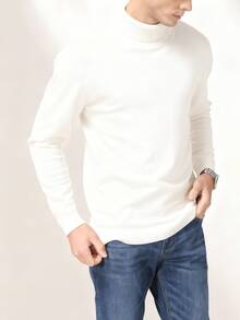 Men's Solid Color Long Sleeve Casual Turtleneck Knit T-Shirt , Fall - White - View 2