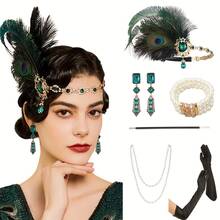 1920 年代轻佻女郎全套！羽毛水钻头饰 + 几何水钻耳环 + 仿珍珠项链 + 白手套，沉浸式复古爵士派对魅力万圣节