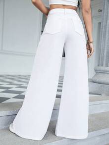 Jeans anchos de pierna ancha, de unicolor, con bolsillo, casuales y sueltos, color blanco, para primavera - Blanco - Ver 7