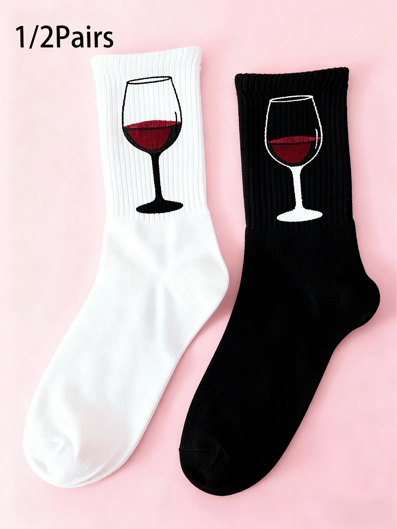 1/2 Pair Unisex Wine Glass Printed Mid-Calf Socks, Gift For Valentine's Day - Multicolor - View 1