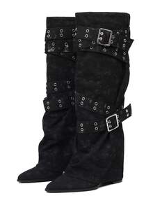Punk Fashion Womens Knee High Boots Pointed Toe Wide Calf Fold Over Straps Detail Block High Heel Slouchy Long Boots Party Nightclub Dressy Occasions Fall Winter Outdoors Shoes - 黑色牛仔 - 查看 8