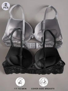 女士舒适内衣套装（2件装）——奢华聚拢文胸，精致蕾丝细节，高支撑力，柔软透气面料，带来极致舒适体验 - 彩色 - 查看 1