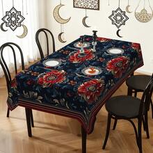 1/20pcs Tablecloth, Navy Blue Base With Red Floral Pattern, Polyester Material, Suitable For Islamic Festivals, Home Kitchen, Outdoor Garden Parties, Restaurant Decoration, And Other Home Decor - Multicolor - View 11