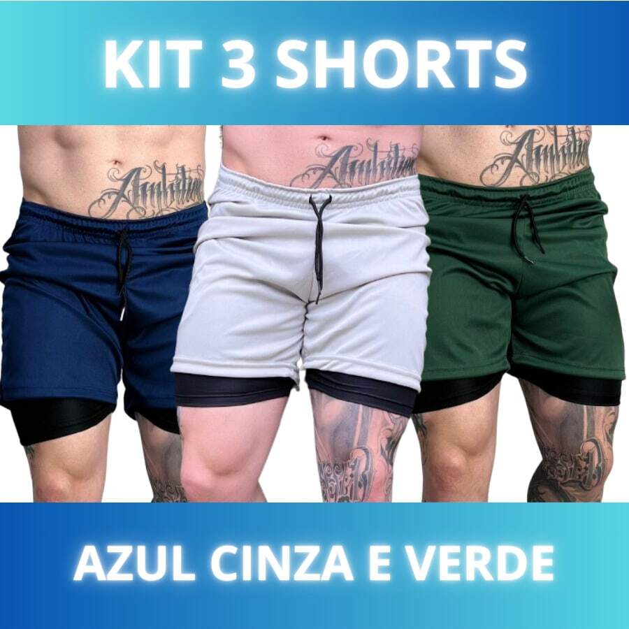 Set Of 3 Men's 2-In-1 DryFit Shorts For Running, Gym, Training, And Running With Cell Phone Pocket - KIT 3 Blue Gray Green - View 1