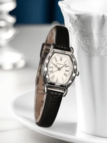 1件女士简约复古罗马数字真皮表带腕表，适合日常装饰 - 黑色 - 查看 2