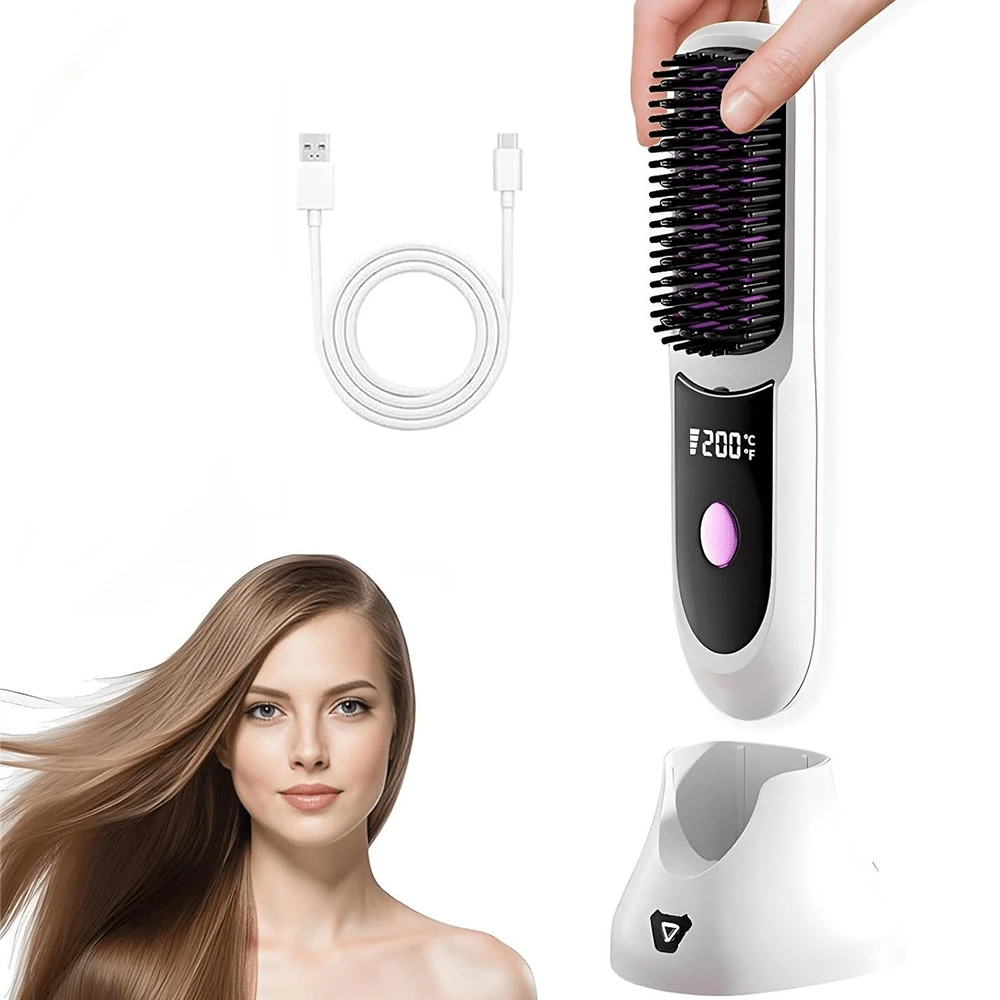 Straightening/Curling Comb, Cordless Hair Straightener With Charging Base, Fast Heating, Rechargeable Portable Hair Straightener - 白色 - 查看 1