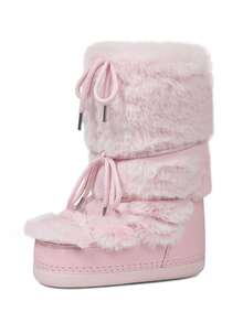 Women's Platform Fur Snow Boots Y2K Fuzzy Fluffy Furry Winter Comfy Ankle Boots For Women Round Toe Platform Lace-Up Fur Boots For Winter Daily Life And Halloween Party - 粉色 - 查看 7