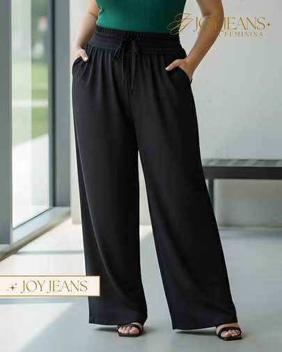 Calça Wide Leg Plus Size Feminina Cintura Alta Elástico Grosso Zero Transparência Duna