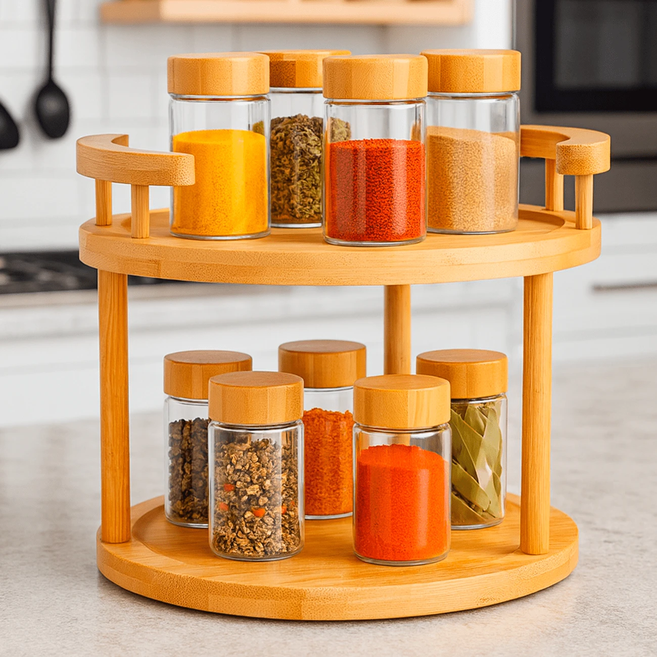 Rotating Bamboo Spice Rack With 8 Glass Jars - 竹子 - 查看 1